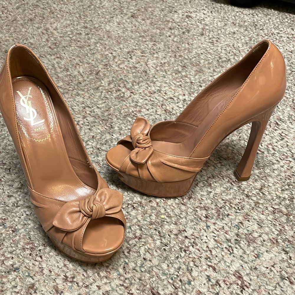 YSL Yves saint Laurent platform nude bow tie peep toe heels